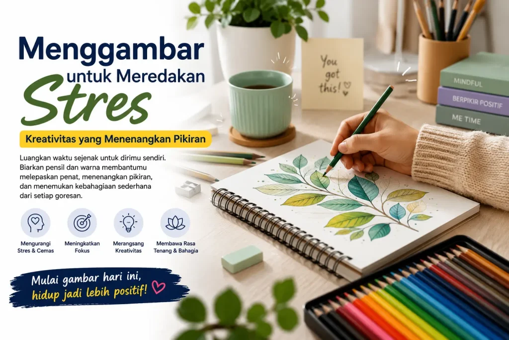 Menggambar untuk meredakan stres menggunakan pensil warna dan buku gambar di meja kerja yang nyaman