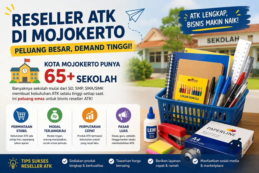 Infografis peluang bisnis reseller ATK Kota Mojokerto dengan permintaan tinggi dari lebih dari 65 sekolah serta berbagai produk alat tulis dan perlengkapan kantor.
