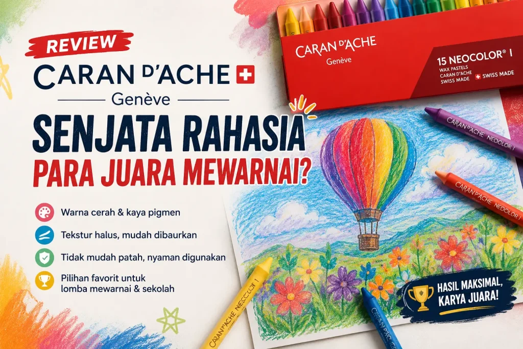 Review Caran d'Ache Krayon dengan hasil warna cerah dan ilustrasi mewarnai yang menunjukkan kualitas premium untuk sekolah dan lomba mewarnai.